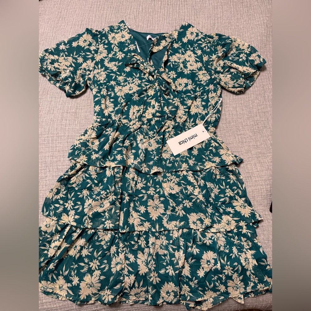 NWT MIMI CHICA Ladies  Green White Floral Print Short Puff Sleeve Dress Size L